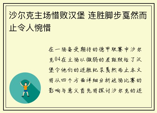 沙尔克主场惜败汉堡 连胜脚步戛然而止令人惋惜