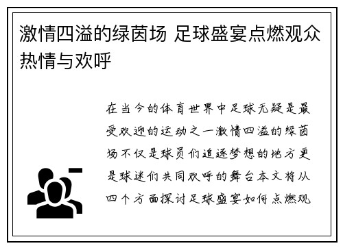 激情四溢的绿茵场 足球盛宴点燃观众热情与欢呼