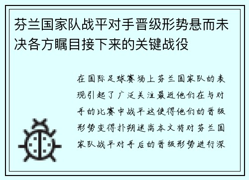 芬兰国家队战平对手晋级形势悬而未决各方瞩目接下来的关键战役