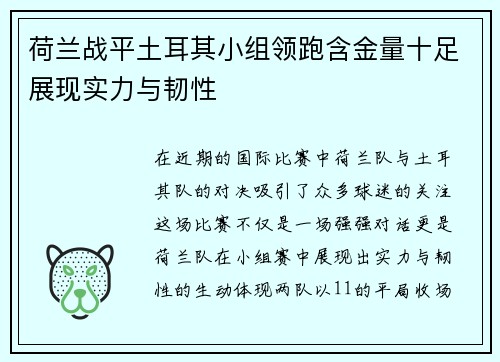 荷兰战平土耳其小组领跑含金量十足展现实力与韧性