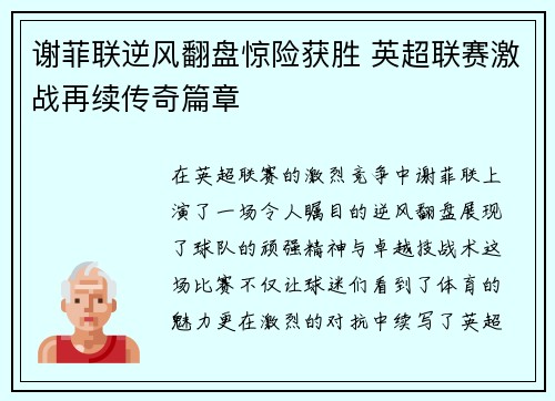 谢菲联逆风翻盘惊险获胜 英超联赛激战再续传奇篇章