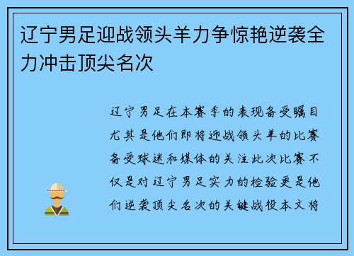 辽宁男足迎战领头羊力争惊艳逆袭全力冲击顶尖名次